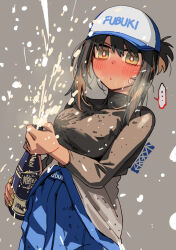 Rule 34 | ..., 1girl, alcohol, alternate breast size, alternate hairstyle, baseball cap, black shirt, blue jumpsuit, blush, breasts, brown hair, champagne bottle, character name, commentary request, copyright name, cowboy shot, english text, ergot, fubuki (kancolle), full-face blush, grey background, hair between eyes, hat, jewelry, jumpsuit, kantai collection, long sleeves, looking at viewer, medium breasts, racing suit, ring, shirt, short ponytail, sidelocks, signature, simple background, solo, speech bubble, spoken ellipsis, standing, turtleneck, wedding ring