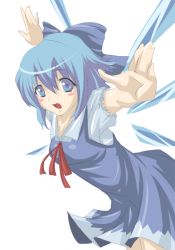 Rule 34 | 1girl, breasts, cirno, dress, embodiment of scarlet devil, female focus, outstretched arms, simple background, solo, spread arms, touhou, white background, wings