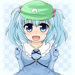 Rule 34 | 1girl, b.leaf, blue eyes, blue hair, dress, female focus, gradient background, hair bobbles, hair ornament, hat, kawashiro nitori, key, matching hair/eyes, open mouth, short hair, smile, solo, touhou, twintails, two side up, upper body