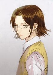 1boy brown_hair collared_shirt expressionless from_side gakuen_basara glasses grey_background grey_eyes looking_at_viewer male_focus mouri_motonari_(sengoku_basara) portrait school_uniform sengoku_basara shirt short_hair simple_background solo suishagoya sweater_vest white_shirt yellow_sweater_vest