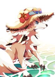 Rule 34 | absurdres, blue eyes, claws, closed mouth, clothed pokemon, commentary request, creatures (company), fang, fang out, flower, from side, game freak, gen 7 pokemon, hat, hat flower, highres, kechon-san, lycanroc, lycanroc (midday), nintendo, pokemon, pokemon (creature), red flower, sitting, water