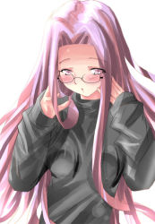 Rule 34 | 00s, 1girl, adjusting eyewear, bespectacled, blush, fate/stay night, fate (series), glasses, long hair, long sleeves, looking at viewer, medusa (fate), medusa (rider) (fate), official alternate costume, pink eyes, pink hair, purple eyes, purple hair, rimless eyewear, shiranagi, sidelocks, simple background, solo, sweater, very long hair, white background
