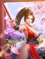 Rule 34 | 1girl, armpits, breasts, cherry blossoms, cleavage, closed mouth, falling petals, fatal fury, fighting game, folded fan, folding fan, hand fan, hand on own hip, high ponytail, highres, holding, holding fan, large breasts, ninja, official art, pelvic curtain, petals, ponytail, revealing clothes, shiranui mai, sideboob, snk, solo, the king of fighters, the king of fighters all-stars