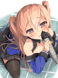 Rule 34 | 1girl, black gloves, black skirt, black thighhighs, blue shirt, breasts, brown eyes, cleavage, commentary request, drooling, fellatio, garter straps, gloves, johnston (kancolle), kantai collection, kneeling, licking, light brown hair, long hair, medium breasts, momin, off shoulder, oral, pleated skirt, sailor collar, school uniform, serafuku, sexually suggestive, shirt, simulated fellatio, single glove, skirt, solo, thighhighs, tile floor, tiles, tongue, tongue out, torpedo, two side up