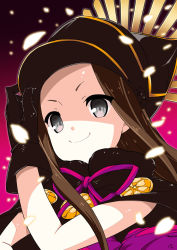 Rule 34 | 1girl, black gloves, black hat, brown hair, capelet, chacha (fate), closed mouth, drawstring, fate/grand order, fate (series), from below, fur collar, gloves, glowing, glowing petals, gradient background, grey eyes, hand on headwear, hat, long hair, looking at viewer, minazuki futago, petals, pink background, pink ribbon, purple background, ribbon, ringed eyes, shiny clothes, smile, smug, solo, upper body