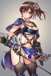 Rule 34 | 10s, 1girl, adapted costume, anchor, armor, armored boots, arrow (projectile), belt, between fingers, black gloves, black thighhighs, blue footwear, boots, bow (weapon), breastplate, breasts, brown eyes, brown hair, capelet, cleavage, closed mouth, clothing cutout, cowboy shot, eyelashes, fantasy, flight deck, garter straps, gem, gloves, grey background, hair between eyes, hair ornament, hairband, highres, holding, holding weapon, jewelry, kaga (kancolle), kantai collection, legs apart, leotard, light particles, looking at viewer, magu (mugsfc), matching hair/eyes, medium breasts, muneate, navel cutout, necklace, o-ring, overskirt, quiver, shield, shiny skin, side ponytail, skindentation, solo, standing, stomach, thighhighs, turtleneck, vambraces, weapon