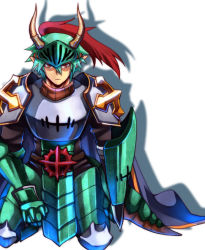 Rule 34 | 1boy, alternate color, armor, blue cape, breastplate, cape, closed mouth, commentary request, cross, dragon tail, emon-yu, full body, gauntlets, green armor, green hair, hair between eyes, horns, kneeling, leg armor, looking at viewer, lord knight (ragnarok online), male focus, pauldrons, plume, pointy ears, ragnarok online, red eyes, shaded face, short hair, shoulder armor, simple background, solo, spiked gauntlets, tabard, tail, visor (armor), white background