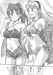 Rule 34 | 3girls, :d, arashi chisato, arms at sides, bikini, blunt bangs, breasts, cleavage, closed mouth, collarbone, commentary request, criss-cross halter, double bun, front-tie bikini top, front-tie top, greyscale, hair bun, hairband, halterneck, hand up, hazuki ren, heanna sumire, high ponytail, highleg, highleg bikini, jacket, jacket partially removed, large breasts, light particles, long hair, long sleeves, looking at another, love live!, love live! superstar!!, marugoshi teppei, monochrome, multiple girls, navel, open fly, open mouth, short shorts, shorts, side-tie bikini bottom, sideways mouth, sleeves past wrists, smile, split mouth, straight hair, sweat, swimsuit, translation request, triangle mouth, x x