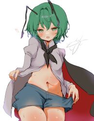 Rule 34 | 1girl, :o, antennae, black cloak, blush, bug, cloak, commentary request, green eyes, green hair, grey shorts, highres, looking at viewer, mikan (manmarumikan), navel, shirt, shirt hold, short hair, shorts, simple background, solo, stomach, sweat, touhou, white background, white shirt, wriggle nightbug