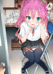Rule 34 | 1girl, black skirt, black thighhighs, blue eyes, blush, bow, bowtie, cameltoe, chair, collared shirt, door, facing viewer, fingernails, folding chair, food, full body, hair between eyes, hair bobbles, hair ornament, hand to head, hands up, highres, hiragana, indoors, katakana, knees together feet apart, long hair, looking at viewer, manga (object), natsushima memo, naughty face, open mouth, oral, original, panties, pink hair, pleated skirt, sausage, school uniform, shadow, shirt, shoes, short sleeves, sitting, skirt, solo focus, sound effects, speech bubble, table, tearing up, thighhighs, two side up, underwear, uwabaki, white panties, white shirt, zettai ryouiki