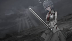 Rule 34 | 1girl, blood, blood on clothes, blood on face, breasts, character request, chihuri, closed mouth, cloud, cloudy sky, collared shirt, commentary request, detached sleeves, dress shirt, gauntlets, german commentary, grey eyes, grey hair, grey skirt, hair between eyes, highres, holding, holding sword, holding weapon, long sleeves, looking at viewer, medium breasts, necktie, original, outdoors, red necktie, ruins, shirt, short necktie, skirt, sky, sleeveless, sleeveless shirt, solo, sunlight, sword, vocaloid, weapon, white shirt, white sleeves