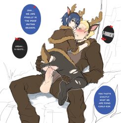 Rule 34 | 1boy, 1girl, anal tail, animal costume, animal ears, antlers, ass, ass grab, black pantyhose, blonde hair, blue eyes, blue hair, blush, bodysuit, breasts, brown bodysuit, brown capelet, butt plug, capelet, christmas, clothed sex, commentary, deer antlers, deer costume, deer ears, deer tail, earclip, english commentary, english text, fake animal ears, fake antlers, fake tail, girl on top, grabbing another&#039;s ass, groping, heart, height difference, hetero, highres, horns, kuki (kukimoonie), large breasts, large testicles, looking back, no panties, no shoes, nose blush, pantyhose, penis, penis out, persona, persona 4, profanity, pussy juice, sex, shirogane naoto, short hair, speech bubble, straddling, tail, tatsumi kanji, testicles, torn clothes, torn pantyhose, uncensored, upright straddle, vaginal