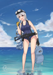 Rule 34 | 1girl, absurdres, aircraft, airplane, assault rifle, backpack, bag, blush, camouflage, cloud, commentary, dated, day, gloves, goggles, goggles on head, gun, highres, himmelstern, holding, holding bag, jet, ocean, one-piece swimsuit, orange eyes, original, rifle, school swimsuit, signature, silver hair, sky, solo, swimsuit, wading, watch, water, weapon, weapon request, wet, wristwatch