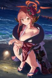 Rule 34 | 1girl, absurdres, aru (blue archive), aru (new year) (blue archive), beach, blue archive, blush, breasts, cleavage, demon girl, demon horns, floral print kimono, flower, fur-trimmed kimono, fur trim, hair flower, hair ornament, halo, highres, holding, holding fireworks, horizon, horns, japanese clothes, kimono, large breasts, looking at viewer, night, night sky, ocean, official alternate costume, open mouth, outdoors, qualia (quaquaqualia), red eyes, red flower, red hair, red halo, red kimono, red rose, rose, sandals, sky, solo, squatting, zouri