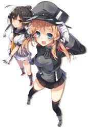 Rule 34 | 10s, 2girls, adjusting clothes, adjusting gloves, ahoge, akizuki (kancolle), anchor hair ornament, black hair, black legwear, blonde hair, blue eyes, blush, boots, breasts, brown eyes, corset, gloves, grey footwear, hair ornament, hat, hat tip, headband, kantai collection, long hair, long sleeves, looking at viewer, armored boots, military, military hat, military uniform, mishima kurone, multiple girls, neckerchief, open mouth, peaked cap, pleated skirt, ponytail, prinz eugen (kancolle), sailor collar, school uniform, serafuku, short ponytail, skirt, smile, thighhighs, twintails, uniform, white background, white gloves