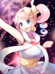 Rule 34 | 1girl, :d, arm up, armpits, bad id, bad pixiv id, blue eyes, blue hair, bow, character name, collarbone, creatures (company), dress, drill hair, game freak, gradient hair, hair bow, hairband, microphone, multicolored hair, nintendo, open mouth, pink hair, pokemon, pokemon bw2, sleeveless, sleeveless dress, smile, solo, standing, swept bangs, twin drills, two-tone background, white dress, yancy (pokemon), yellow bow, yuhi (hssh 6)