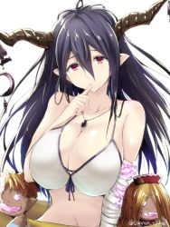 Rule 34 | 10s, 1girl, bandages, bikini, black hair, breasts, cleavage, danua, draph, gin&#039;ichi (akacia), granblue fantasy, hair between eyes, highres, horn ornament, horns, jewelry, large breasts, long hair, necklace, pointy ears, red eyes, solo, swimsuit
