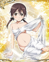 Rule 34 | 1girl, blush, breasts, brown eyes, brown hair, cleavage, gertrud barkhorn, looking at viewer, medium breasts, navel, pregnant, sitting, solo, strike witches, twintails, world witches series