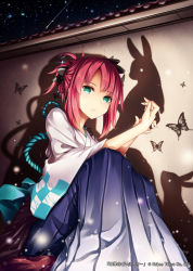Rule 34 | 1girl, akkijin, aqua eyes, bug, butterfly, insect, japanese clothes, looking at viewer, night, night sky, outdoors, pink hair, rabbit, rabbit shadow puppet, shadow, shinkai no valkyrie, sitting, sky, solo, star (sky), starry sky