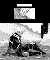 Rule 34 | 1boy, bakugou katsuki, boku no hero academia, boots, comic, commentary, daniartonline, english commentary, full body, gloves, greyscale, highres, knee pads, male focus, monochrome, outdoors, partially submerged, short hair, sitting, solo, spiked hair, water