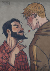 Rule 34 | 2boys, alternate facial hair, bad id, bad tumblr id, bara, beard, black hair, blonde hair, blush, closed eyes, collared shirt, couple, cris art, ear piercing, facial hair, from side, guided kiss, heart, height difference, hulkling, imminent kiss, male focus, marvel, multiple boys, piercing, red shirt, shirt, short hair, sideburns, sweatdrop, thick eyebrows, thick mustache, upper body, wiccan, yaoi