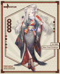 Rule 34 | 1girl, a-545 (girls&#039; frontline), a-545 (silver tree&#039;s gratitude) (girls&#039; frontline), blue eyes, blue flower, blue sash, bottle, canteen, character name, copyright name, double bun, earrings, explosive, feet, fingernails, floral print kimono, flower, flower request, full body, fur collar, girls&#039; frontline, grenade, grey kimono, hagoita, hair bun, hair flower, hair ornament, highres, holding, holding bottle, japanese clothes, jewelry, kimono, lace-trimmed socks, lipstick, long hair, long sleeves, looking at viewer, makeup, messikid, multicolored flower, obi, official alternate costume, official art, okobo, paddle, pink flower, pink nails, red flower, sandals, sash, second-party source, see-through socks, solo, standing, toes, very long hair, white flower, white hair, wide sleeves, yellow sash