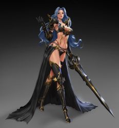 Rule 34 | 1girl, absurdres, arm up, armor, asymmetrical legwear, bikini, bikini armor, black bikini, black gloves, black skirt, blue hair, boots, breasts, character request, commentary request, copyright request, forehead, full body, gloves, gradient background, green eyes, hair intakes, highres, howooji, knee boots, korean commentary, legs, lips, long hair, mismatched legwear, navel, pauldrons, shoulder armor, showgirl skirt, single knee boot, single thigh boot, skirt, solo, swimsuit, sword, thigh boots, thigh strap, thighhighs, thighs, vambraces, weapon