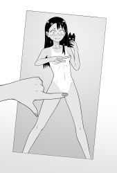 Rule 34 | 1girl, black hair, blush, breasts, cellphone, collarbone, completely nude, convenient censoring, gluteal fold, grey background, greyscale, groin, hair ornament, hairclip, highres, holding, holding cellphone, holding phone, ijiranaide nagatoro-san, long hair, meme, monochrome, nagatoro hayase, navel, nude, one finger selfie challenge (meme), phone, simple background, small breasts, stomach, szmitten, tan, tanline, thighs