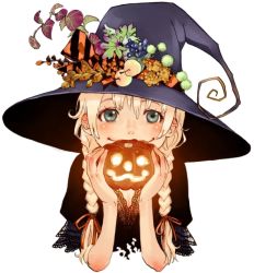 Rule 34 | 1girl, blonde hair, blue eyes, blush, braid, hair ribbon, halloween, hat, jack-o&#039;-lantern, kazue kato, original, pumpkin, ribbon, smile, solo, twin braids, witch, witch hat