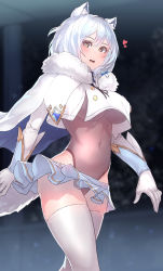 1girl, :d, absurdres, animal ear fluff, animal ears, bangs, blush, bodystocking, breasts, bright pupils, brown eyes, cape, covered navel, cropped jacket, eyelashes, fur-trimmed cape, fur trim, gloves, hair between eyes, heart, highres, jacket, large breasts, leotard, leotard under clothes, looking at viewer, lovey (pride of eden), microskirt, open mouth, red: pride of eden, sheer leotard, short hair, silver hair, skindentation, skirt, smile, solo, tail, thighhighs, underboob, upper teeth, walking, white cape, white gloves, white jacket, white legwear, white pupils, yu mochi (kamiinu)