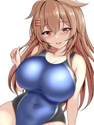Rule 34 | 1girl, black one-piece swimsuit, blue one-piece swimsuit, blush, breasts, brown eyes, competition swimsuit, covered navel, hair between eyes, hair flaps, hair ornament, hairclip, heterochromia, highleg, highleg swimsuit, highres, impossible clothes, impossible swimsuit, kantai collection, large breasts, light brown hair, long hair, looking at viewer, montemasa, multicolored clothes, multicolored swimsuit, murasame (kancolle), murasame kai ni (kancolle), one-piece swimsuit, open mouth, red eyes, simple background, sitting, smile, solo, swimsuit, two-tone swimsuit, two side up, white background