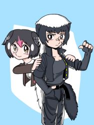 Rule 34 | 2girls, badger ears, badger tail, bandaid, bandaid on face, bandaid on nose, belt, black belt, black hair, black jacket, black pants, black tank top, blush, brown eyes, brown jacket, facial scar, fingerless gloves, gloves, greater honeyguide (kemono friends), hand on another&#039;s shoulder, jacket, kemono friends, looking at another, multicolored hair, multiple girls, osakana pix, pants, parody, ratel (kemono friends), scar, scar on cheek, scar on face, shirt, simple background, smile, style parody, style request, tank top, two-tone hair, white hair, white shirt
