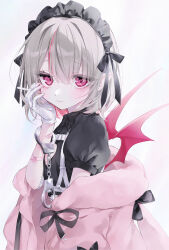 Rule 34 | 1girl, absurdres, bandaid, bandaid on arm, black ribbon, black shirt, chalk, closed mouth, colored inner hair, commentary, cuffs, demon wings, gloves, green hair, hand up, handcuff dangle, handcuffs, highres, holding, holding chalk, jacket, looking at viewer, maid headdress, makaino ririmu, makaino ririmu (5th costume), mashiro shiki, medium hair, multicolored hair, nijisanji, off shoulder, open clothes, open jacket, pink eyes, pink hair, pink jacket, pink wings, pointy ears, puffy short sleeves, puffy sleeves, ribbon, shirt, short sleeves, simple background, single tear, solo, streaked hair, twitter username, upper body, virtual youtuber, watermark, white background, white gloves, wings