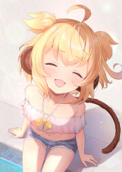 Rule 34 | 1girl, ahoge, alternate costume, andira (granblue fantasy), animal ears, bare shoulders, blue shorts, blush, closed mouth, collarbone, facing viewer, granblue fantasy, highres, kimblee, medium hair, midriff, monkey ears, monkey tail, navel, open mouth, short shorts, shorts, sitting, smile, solo, tail