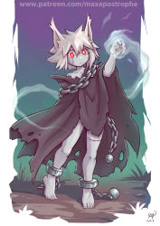 Rule 34 | 1girl, animal ears, ball and chain restraint, barefoot, cape, cat ears, chain, cuffs, maxa&#039;, messy hair, original, pale skin, red eyes, shackles, stitches, undead, white hair, zombie