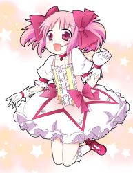 Rule 34 | 10s, 1girl, :d, bow, choker, dress, frills, gloves, hair ribbon, happy, kaname madoka, kneehighs, magical girl, mahou shoujo madoka magica, mahou shoujo madoka magica (anime), mary janes, open mouth, pink hair, red eyes, ribbon, shimizyu, shoes, short hair, short twintails, smile, socks, solo, twintails, white gloves