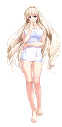 Rule 34 | 1girl, amasaka takashi, barefoot, blonde hair, blue eyes, breasts, cleavage, earrings, feet, full body, gluteal fold, hand to own mouth, highres, jewelry, large breasts, long hair, naked towel, official art, silveria leodiehl, solo, toes, towel, transparent background, unionism quartet