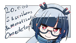 Rule 34 | 1girl, black hair, commentary, english text, glasses, highres, jitomi monoe, katzbeh, looking at viewer, milestone celebration, red eyes, romaji text, short hair, smile, solo, virtual youtuber, voms