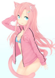 Rule 34 | 1girl, animal ears, bikini, blue bikini, blue eyes, blush, breasts, cat ears, cat tail, cleavage, fang, front-tie top, hair ornament, hairclip, jacket, jacket over swimsuit, long hair, looking at viewer, open mouth, original, pink hair, smile, solo, swimsuit, tail, track jacket, underboob, zizi (zz22)