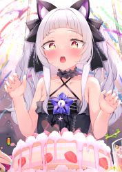 Rule 34 | + +, 1girl, animal ear fluff, animal ears, bare arms, bare shoulders, black dress, black ribbon, blue nails, breasts, cake, cat ears, choker, commentary request, criss-cross halter, dress, drooling, food, frilled choker, frilled ribbon, frills, fruit, gmkj, hair ribbon, halterneck, hands up, highres, hololive, long hair, looking at food, murasaki shion, murasaki shion (gothic lolita), nail polish, open mouth, orange eyes, out of frame, party popper, pink nails, ribbon, saliva, shiokko (murasaki shion), signature, silver hair, sleeveless, sleeveless dress, small breasts, solo focus, star-shaped pupils, star (symbol), strawberry, strawberry cake, symbol-shaped pupils, teeth, twintails, upper body, upper teeth only, virtual youtuber