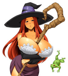 Rule 34 | 1girl, between breasts, breasts, cleavage, dragon&#039;s crown, frog, hat, huge breasts, kawanuma uotsuri, long hair, looking at viewer, red eyes, red hair, simple background, solo, sorceress (dragon&#039;s crown), staff, white background, wide hips, witch hat