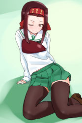 Rule 34 | 10s, 1girl, arm support, black neckerchief, black thighhighs, blouse, brown eyes, brown footwear, brown hair, closed mouth, commentary request, girls und panzer, green background, green skirt, half-closed eye, headband, highres, leaning to the side, loafers, long hair, long sleeves, looking at viewer, miniskirt, muneate, neckerchief, one eye closed, ooarai school uniform, pleated skirt, red headband, saemonza (girls und panzer), school uniform, serafuku, shadow, shirt, shoes, simple background, sitting, skirt, smile, solo, thighhighs, uasi, white shirt, yokozuwari
