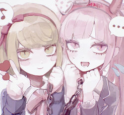 Rule 34 | 2girls, :d, blush stickers, bow, chain, chained, collar, danganronpa (series), danganronpa another episode: ultra despair girls, fake horns, hair bow, hairband, hands up, heart, highres, holding, holding chain, horns, jacket, long hair, long sleeves, looking at viewer, lower teeth only, metal collar, multiple girls, musical note, naruse (nal1525), open clothes, open mouth, pink eyes, pink hair, polka dot, polka dot bow, portrait, shirt, short hair, smile, speech bubble, spoken musical note, teeth, towa monaca, twintails, utsugi kotoko, v