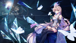 Rule 34 | 1girl, abstract background, absurdres, ahoge, armor, bare shoulders, black thighhighs, blonde hair, blue bow, bow, braid, breasts, bug, butterfly, city, closed mouth, commentary request, copyright request, dated, detached sleeves, dress, faulds, feather hair ornament, feathers, feet, feet out of frame, flower, frilled sleeves, frills, grey dress, hair bow, hair ornament, highres, holding, holding flower, insect, large breasts, lens flare, long hair, looking down, low-tied long hair, shatter, short dress, signature, single braid, sitting, solo, starry sky print, straight hair, sun, sunlight, thighhighs, very long hair, waist cape, x-boy, yellow eyes, zettai ryouiki