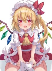 Rule 34 | 1girl, absurdres, blonde hair, flandre scarlet, hat, highres, looking at viewer, nekopurin (nyanko prin), open mouth, red eyes, red vest, sidetail, smile, solo, touhou, transparent background, vest, white hat