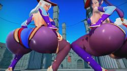 Rule 34 | 2girls, 3d, animated, ass, ass-to-ass, ass focus, ass shake, bare shoulders, borrowed character, breasts, cosplay, elbow gloves, faubek, from behind, genshin impact, gloves, green eyes, hair ornament, hair ribbon, hat, huge ass, jiggle, large breasts, leotard, long hair, looking at viewer, looking back, looking down, mona (genshin impact), mona (genshin impact) (cosplay), multiple girls, original, pantyhose, purple hair, ribbon, shiny clothes, sideboob, smile, squatting, thick thighs, thighlet, thighs, twintails, video, white hair