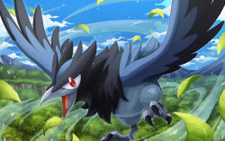 Rule 34 | cloud, commentary request, corvisquire, creatures (company), day, feathered wings, flying, game freak, gen 8 pokemon, hakuginnosora, highres, falling leaves, nintendo, no humans, open mouth, outdoors, pokemon, pokemon (creature), red eyes, sky, solo, talons, tongue, wind, wings