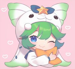 Rule 34 | 1girl, alternate costume, alternate hair color, alternate hairstyle, blue eyes, green hair, league of legends, lulu (league of legends), magical girl, pajamas, pointy ears, star guardian (league of legends), star guardian lulu, wink, yordle