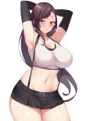 Rule 34 | 1girl, armpits, arms behind head, arms up, black skirt, blush, breasts, breath, brown eyes, brown hair, cleavage, commentary, curious, elbow gloves, final fantasy, final fantasy vii, final fantasy vii remake, gloves, kuavera, large breasts, long hair, miniskirt, navel, pencil skirt, shirt, skirt, solo, stomach, suspender skirt, suspenders, swept bangs, tank top, taut clothes, taut shirt, thick thighs, thighs, tifa lockhart, white tank top