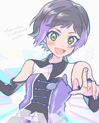Rule 34 | 1girl, :d, bare shoulders, black hair, collared shirt, commentary request, green eyes, hands up, highres, idol clothes, looking at viewer, multicolored hair, musical note, open mouth, pretty rhythm, pretty rhythm rainbow live, pretty series, purple hair, shirt, short hair, sleeveless, sleeveless shirt, smile, solo, streaked hair, suzuno ito, techimi, translation request, two-tone hair, upper body
